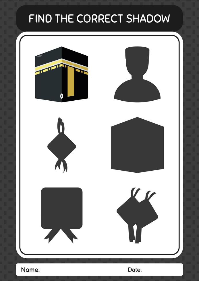Find the correct shadows game with kaaba. worksheet for preschool kids, kids activity sheet vector
