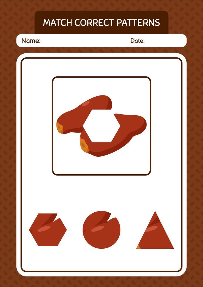 Match pattern game with dates fruit. worksheet for preschool kids, kids activity sheet vector