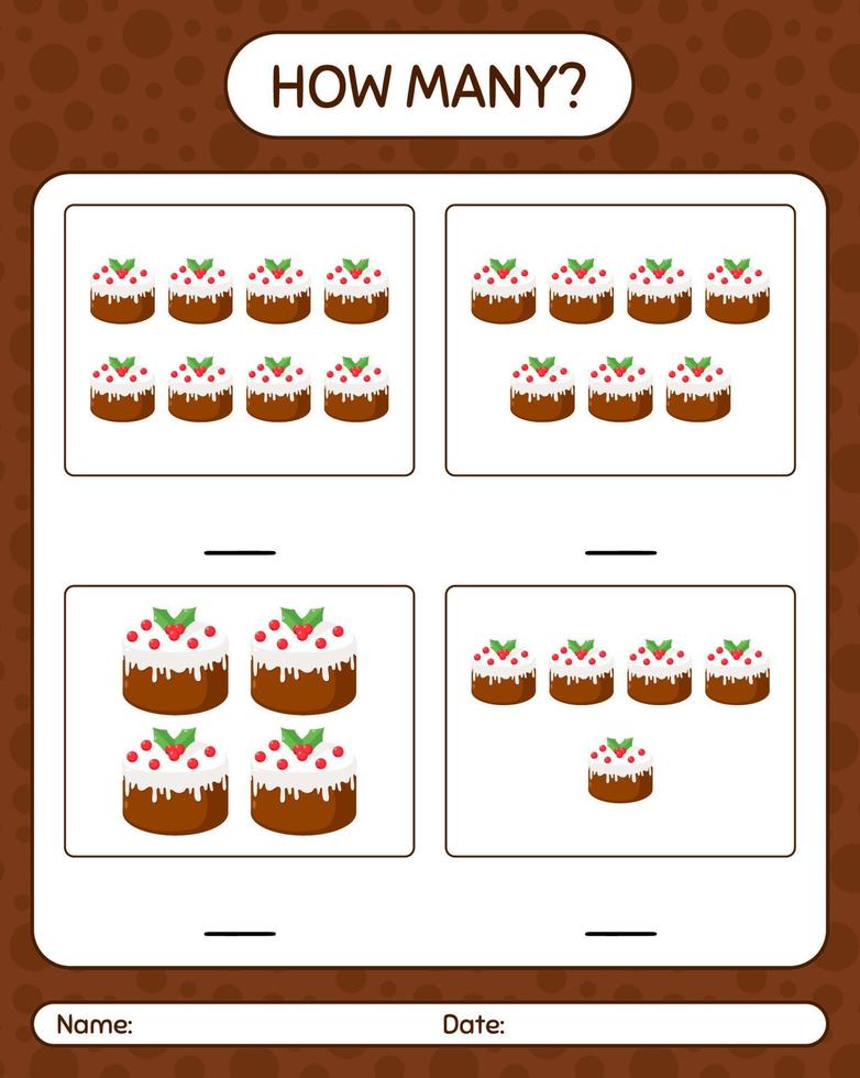 How many counting game with christmas cake. worksheet for preschool kids, kids activity sheet vector