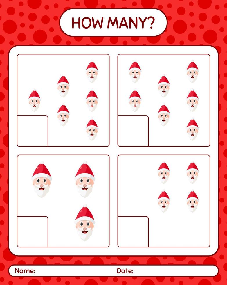 How many counting game with , santa claus. worksheet for preschool kids, kids activity sheet vector