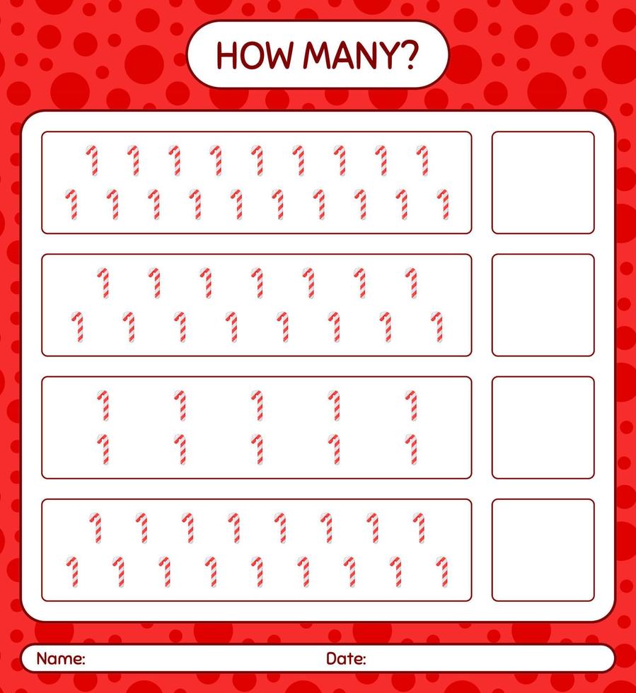 How many counting game with candy cane. worksheet for preschool kids, kids activity sheet vector