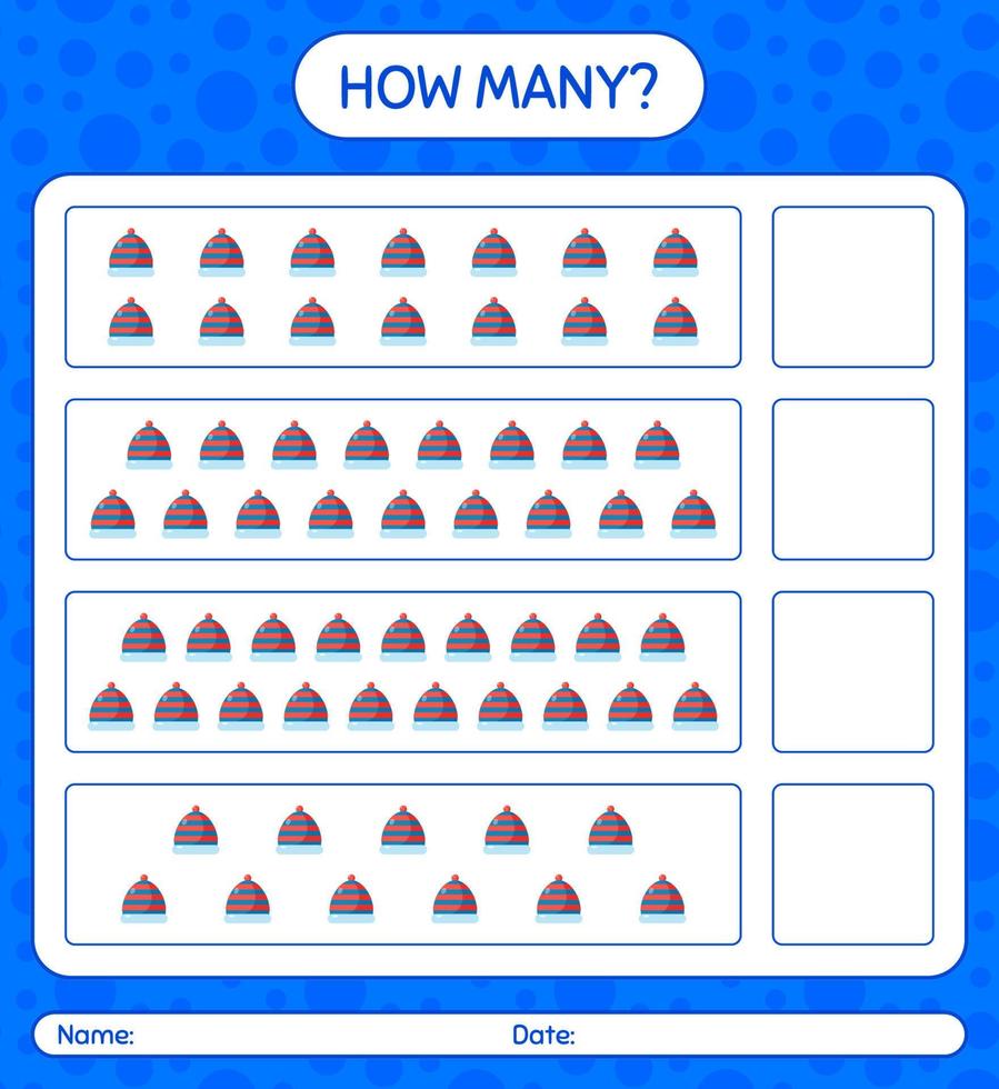 How many counting game with beanie. worksheet for preschool kids, kids activity sheet vector