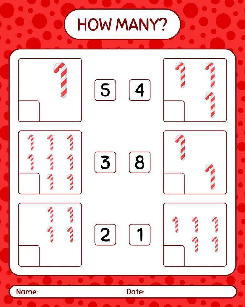 How many counting game with candy cane. worksheet for preschool kids, kids activity sheet vector