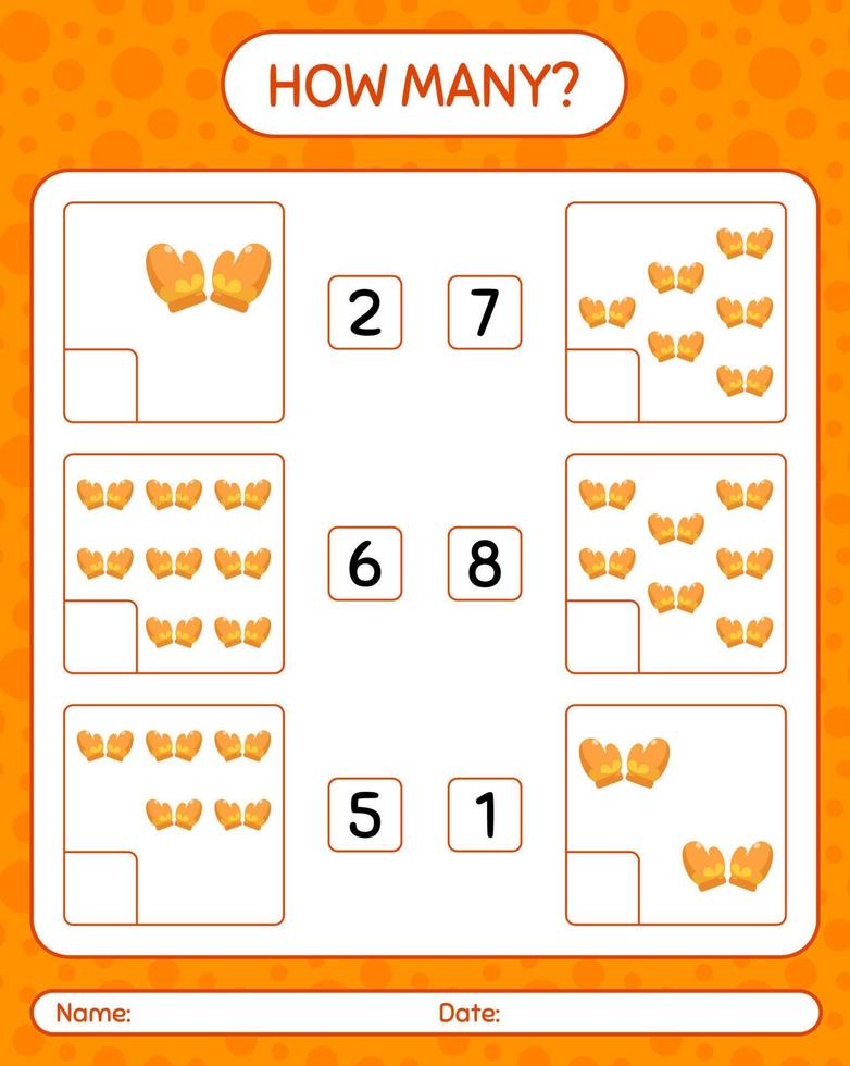 How many counting game with glove. worksheet for preschool kids, kids activity sheet vector