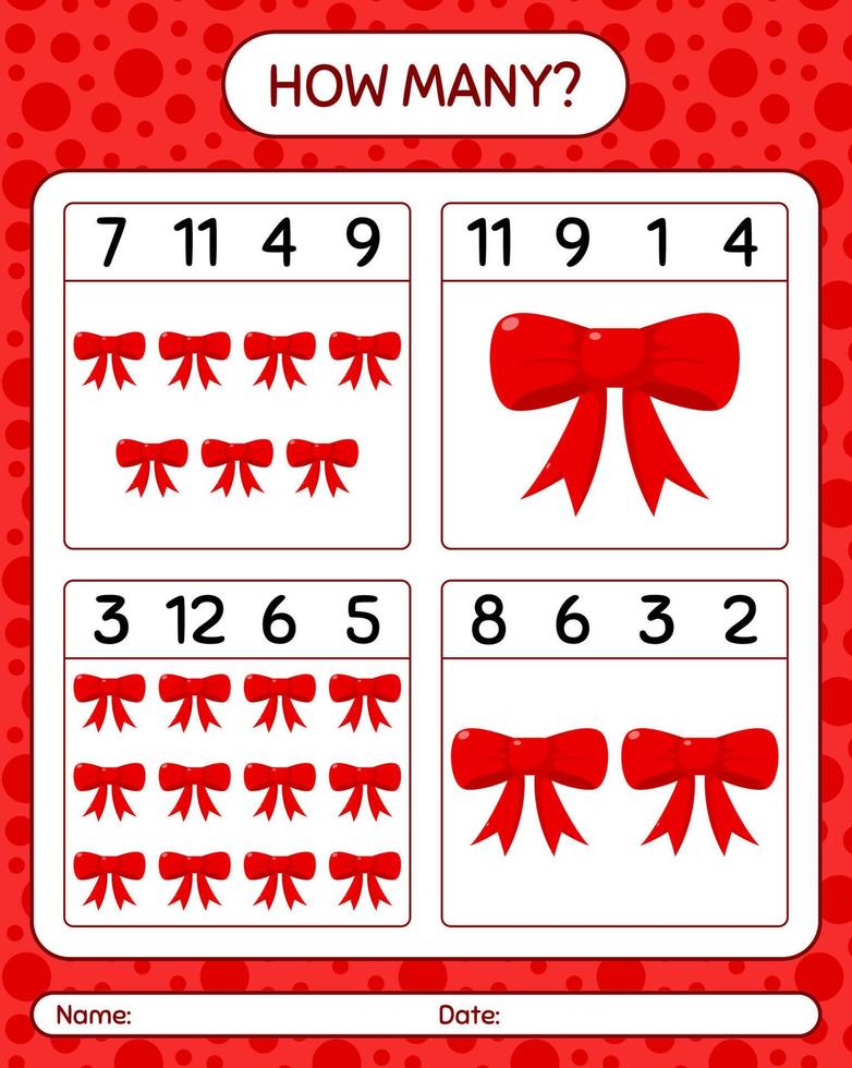 How many counting game with ribbon. worksheet for preschool kids, kids activity sheet vector
