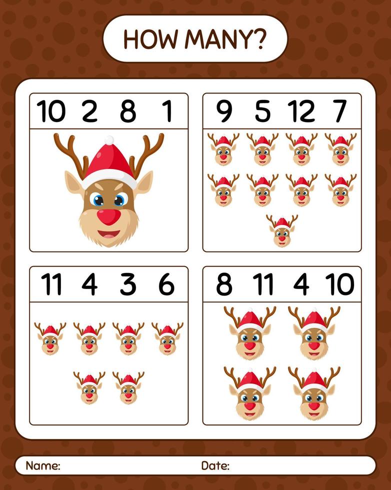 How many counting game with reindeer. worksheet for preschool kids, kids activity sheet vector