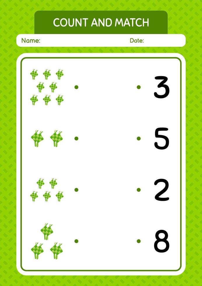 Count and match game with ketupat. worksheet for preschool kids, kids activity sheet vector