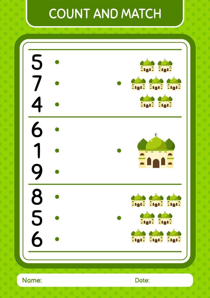 Count and match game with mosque. worksheet for preschool kids, kids activity sheet vector