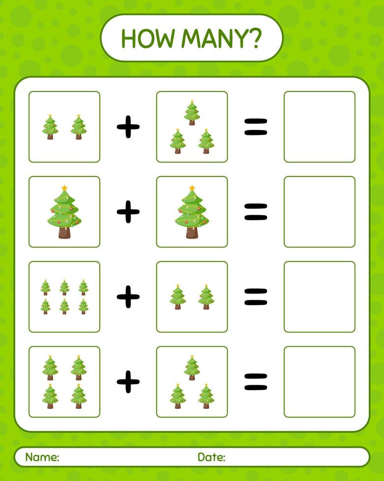 How many counting game with christmas tree. worksheet for preschool kids, kids activity sheet vector
