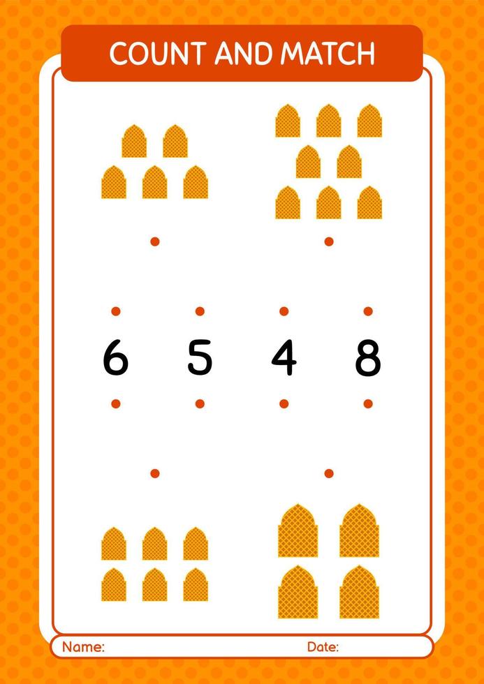 Count and match game with mosque. worksheet for preschool kids, kids activity sheet vector