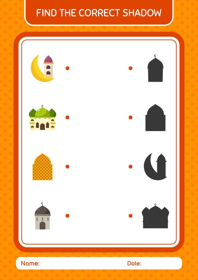 Find the correct shadows game with ramadan icon. worksheet for preschool kids, kids activity sheet vector