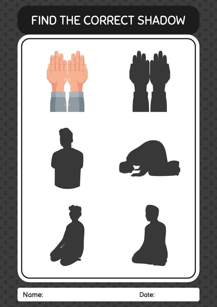 Find the correct shadows game with praying. worksheet for preschool kids, kids activity sheet vector