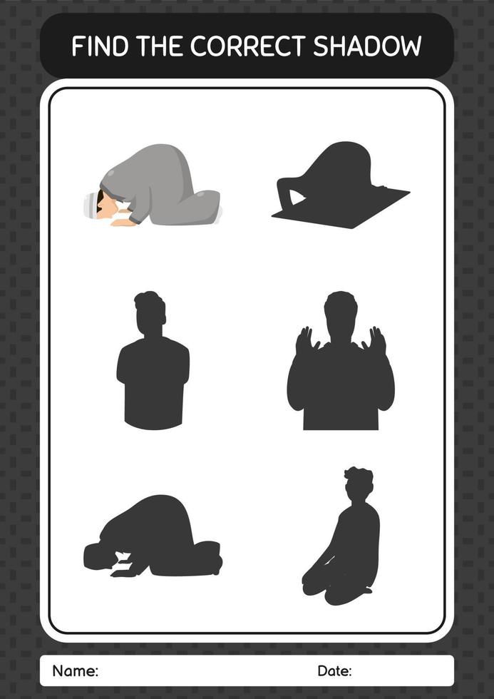 Find the correct shadows game with praying. worksheet for preschool kids, kids activity sheet vector