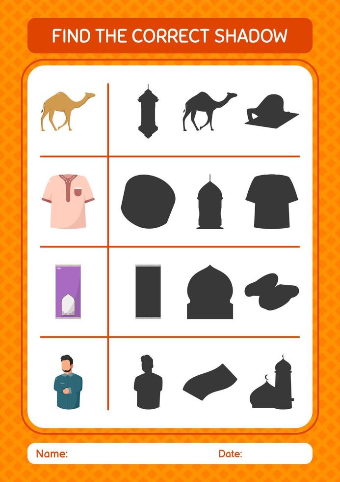 Find the correct shadows game with ramadan icon. worksheet for preschool kids, kids activity sheet vector
