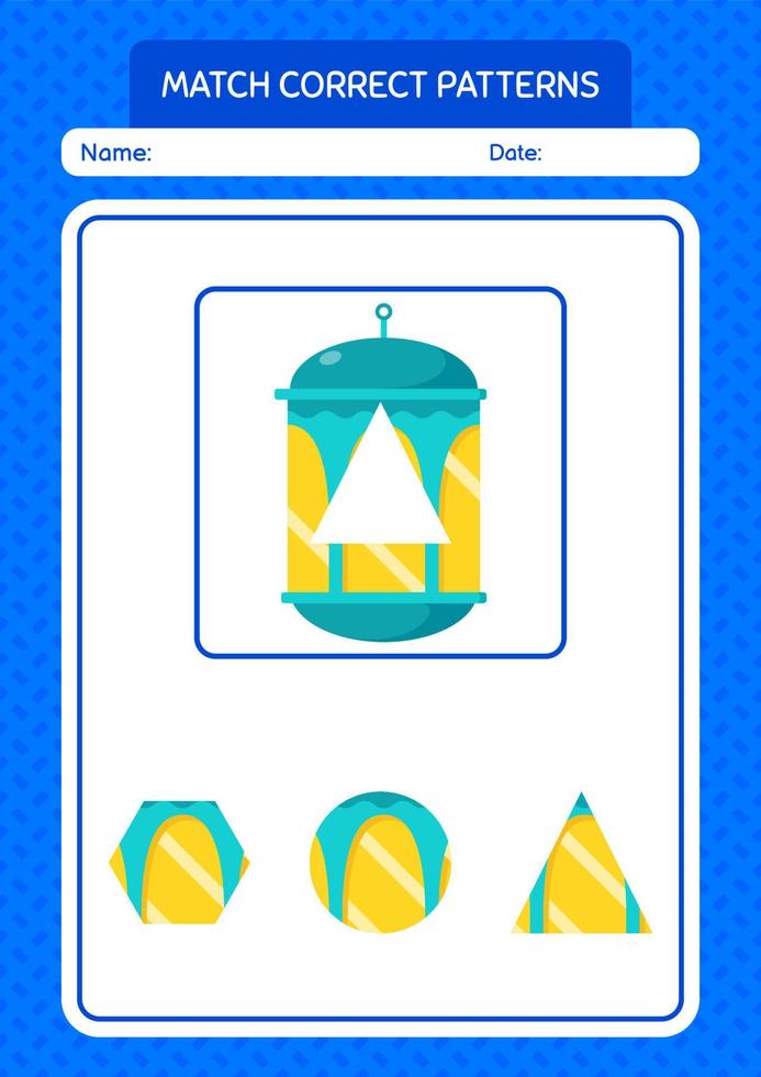 Match pattern game with arabic lantern. worksheet for preschool kids, kids activity sheet vector