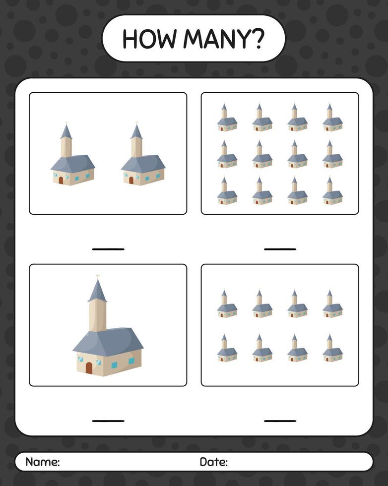 How many counting game with church. worksheet for preschool kids, kids activity sheet vector