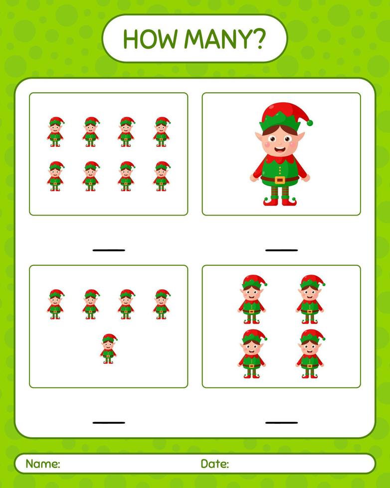 How many counting game with elf. worksheet for preschool kids, kids activity sheet vector