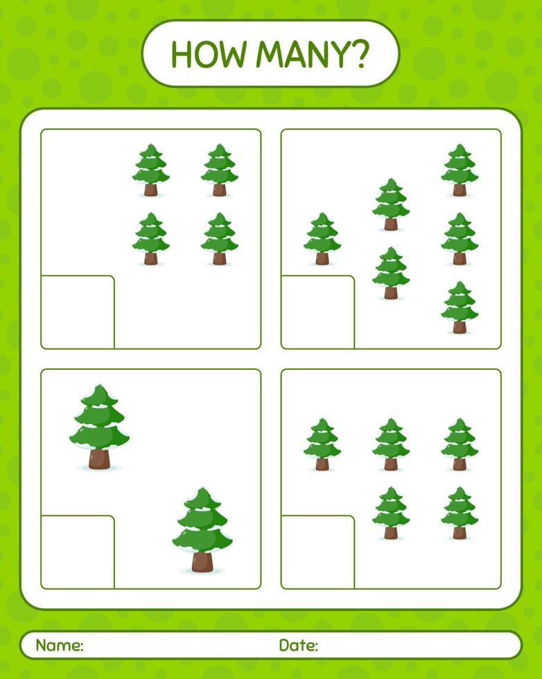 How many counting game with pine tree. worksheet for preschool kids, kids activity sheet vector
