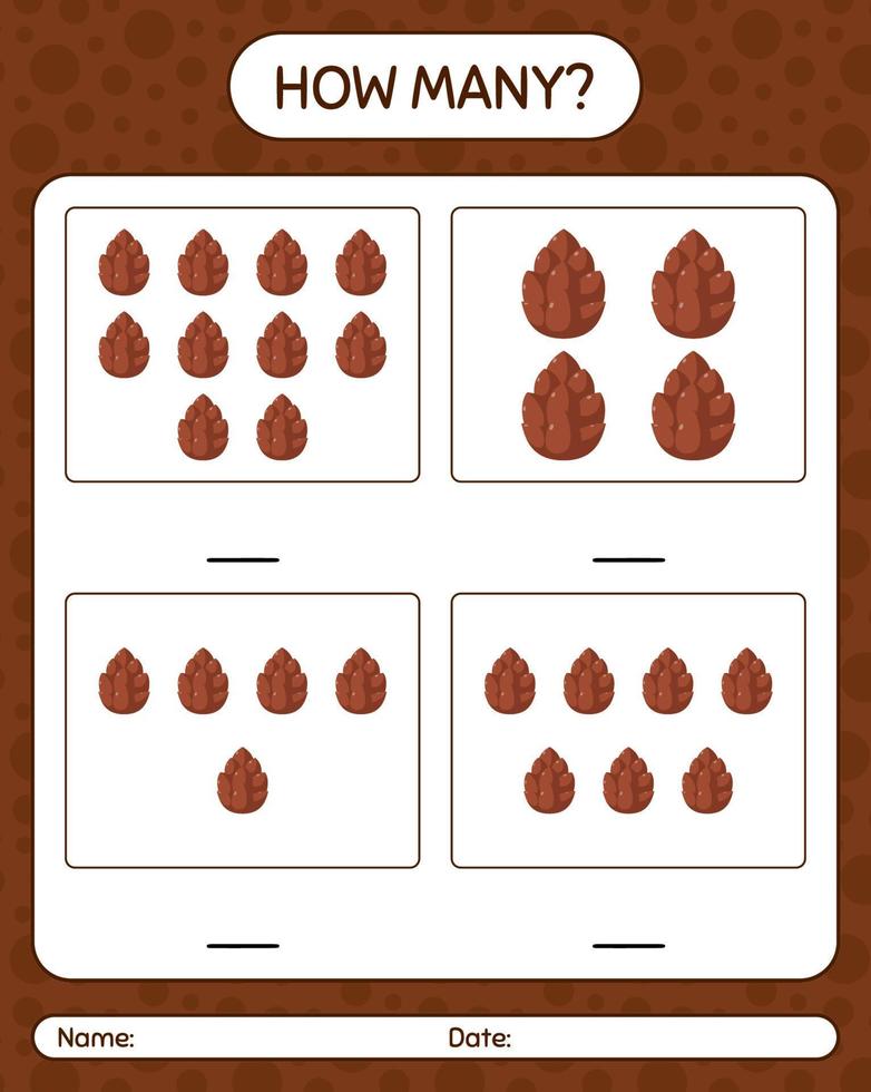 How many counting game with pine cone. worksheet for preschool kids, kids activity sheet vector