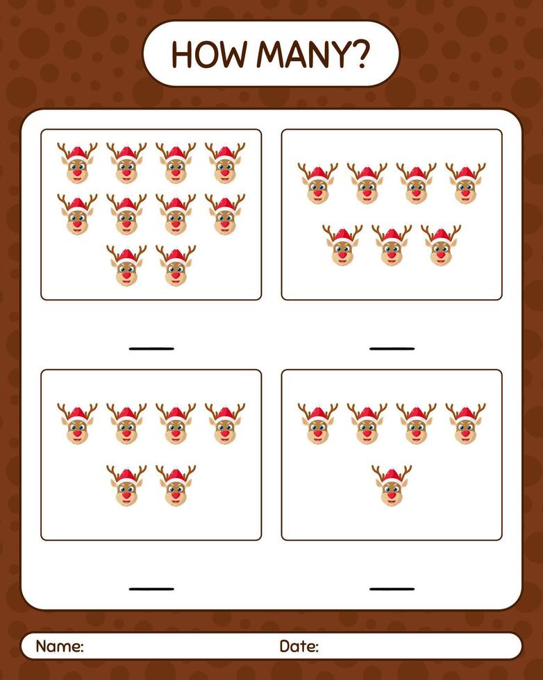 How many counting game with reindeer. worksheet for preschool kids, kids activity sheet vector