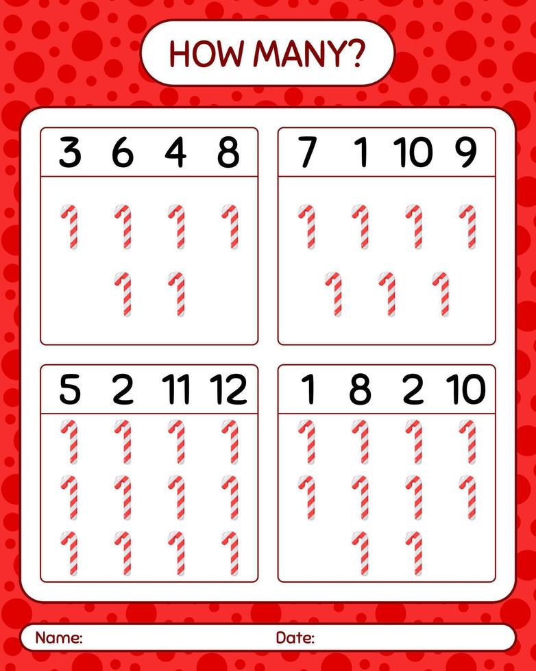 How many counting game with candy cane. worksheet for preschool kids, kids activity sheet vector