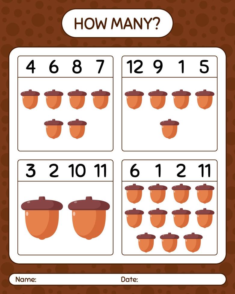 How many counting game with acorn. worksheet for preschool kids, kids activity sheet vector