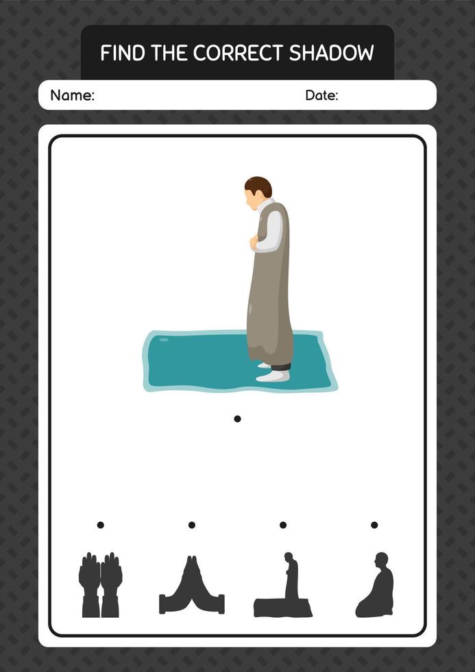 Find the correct shadows game with praying. worksheet for preschool kids, kids activity sheet vector