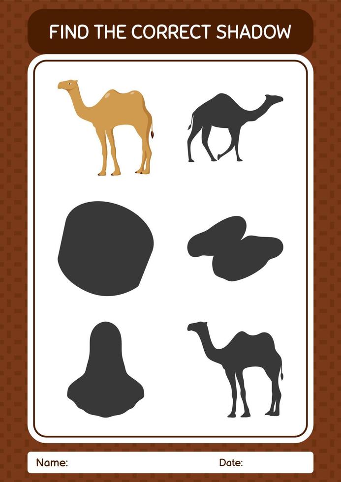 Find the correct shadows game with camel. worksheet for preschool kids, kids activity sheet vector