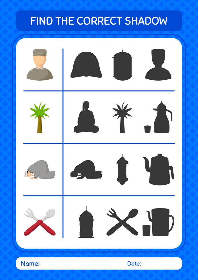 Find the correct shadows game with ramadan icon. worksheet for preschool kids, kids activity sheet vector