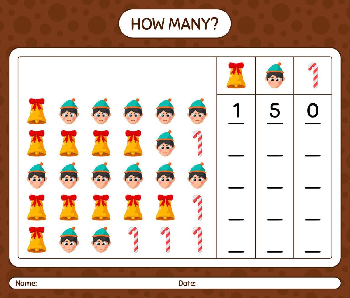 How many counting game with christmas icon. worksheet for preschool kids, kids activity sheet vector