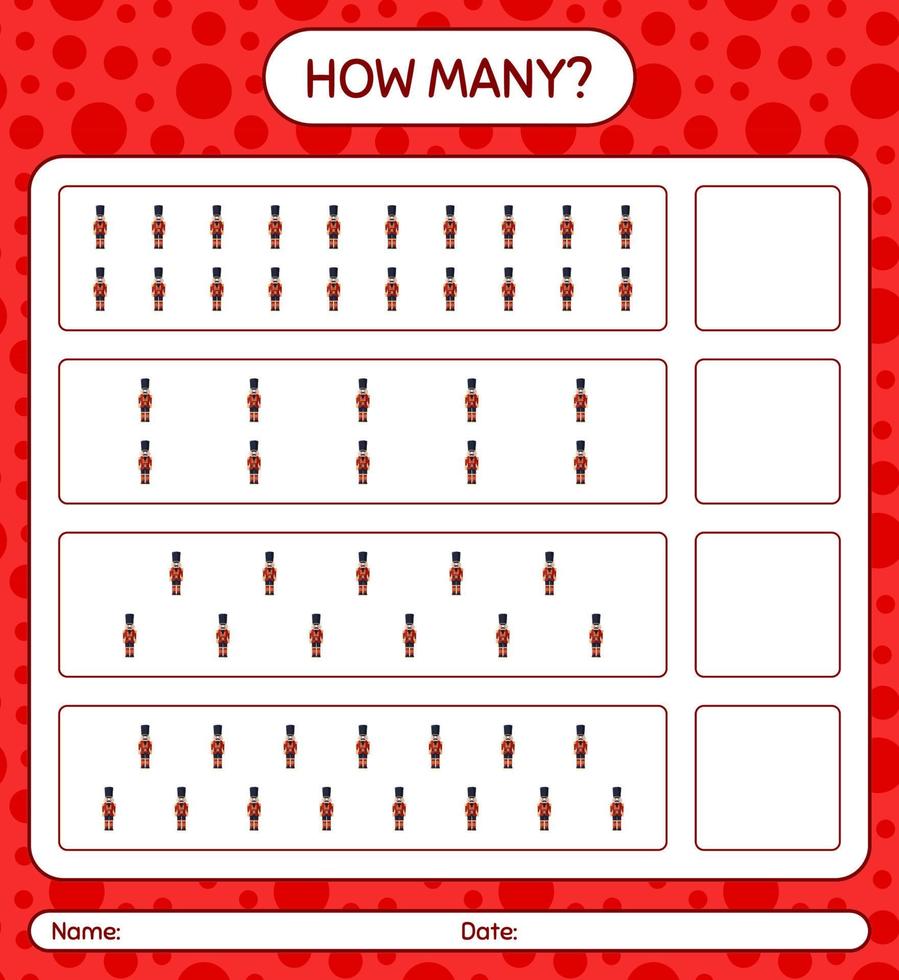 How many counting game with nutcracker. worksheet for preschool kids, kids activity sheet vector