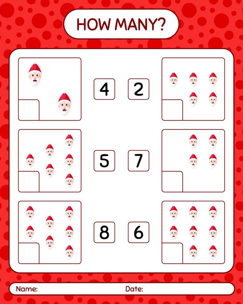How many counting game with , santa claus. worksheet for preschool kids, kids activity sheet vector