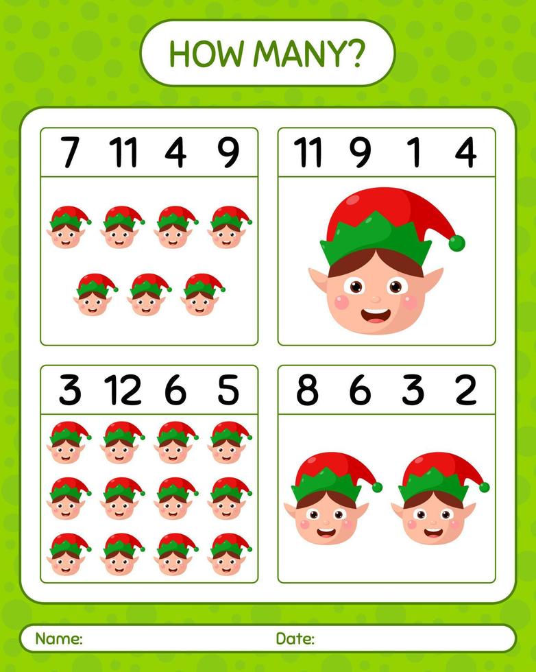 How many counting game with elf. worksheet for preschool kids, kids activity sheet vector