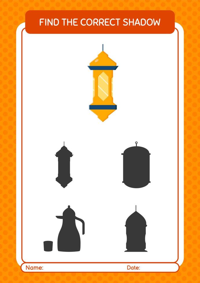 Find the correct shadows game with arabic lantern. worksheet for preschool kids, kids activity sheet vector