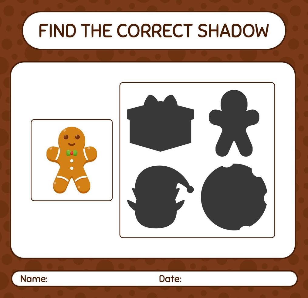 encuentra el juego de sombras correcto con galleta de jengibre. hoja de trabajo para niños en edad preescolar, hoja de actividades para niños vector