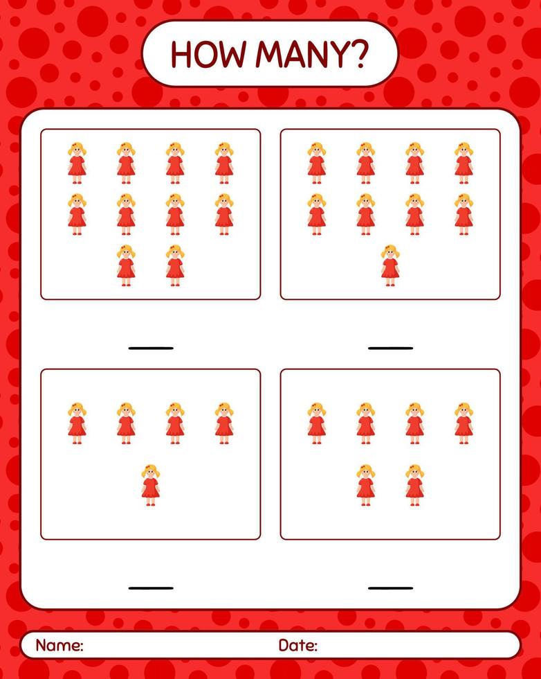How many counting game with doll. worksheet for preschool kids, kids activity sheet vector