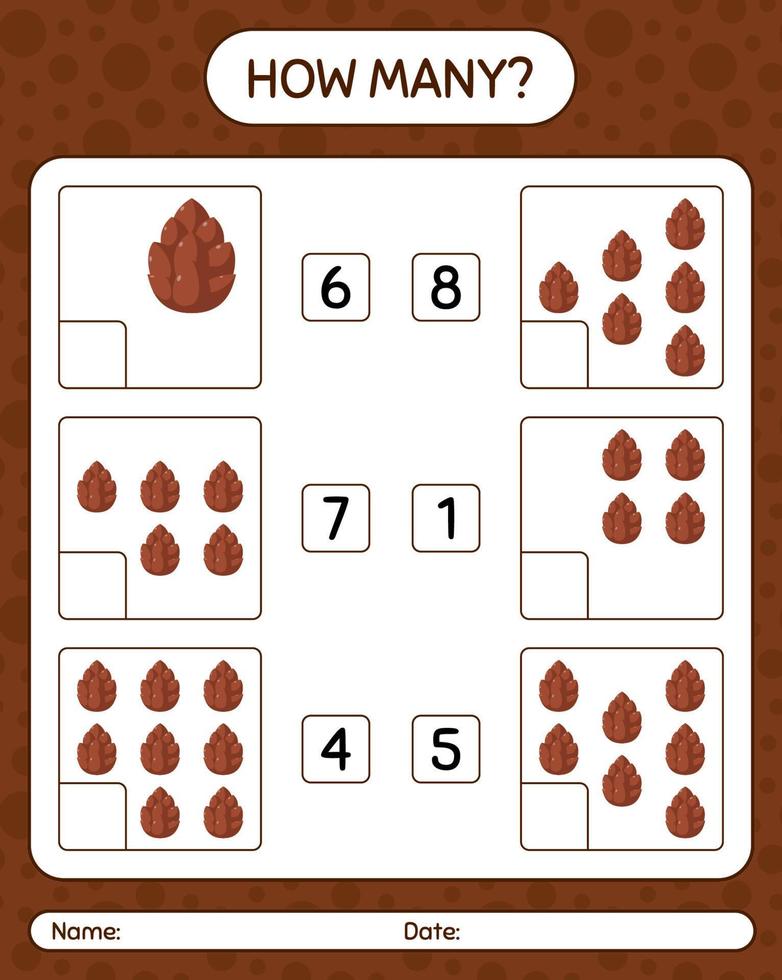 How many counting game with pine cone. worksheet for preschool kids, kids activity sheet vector