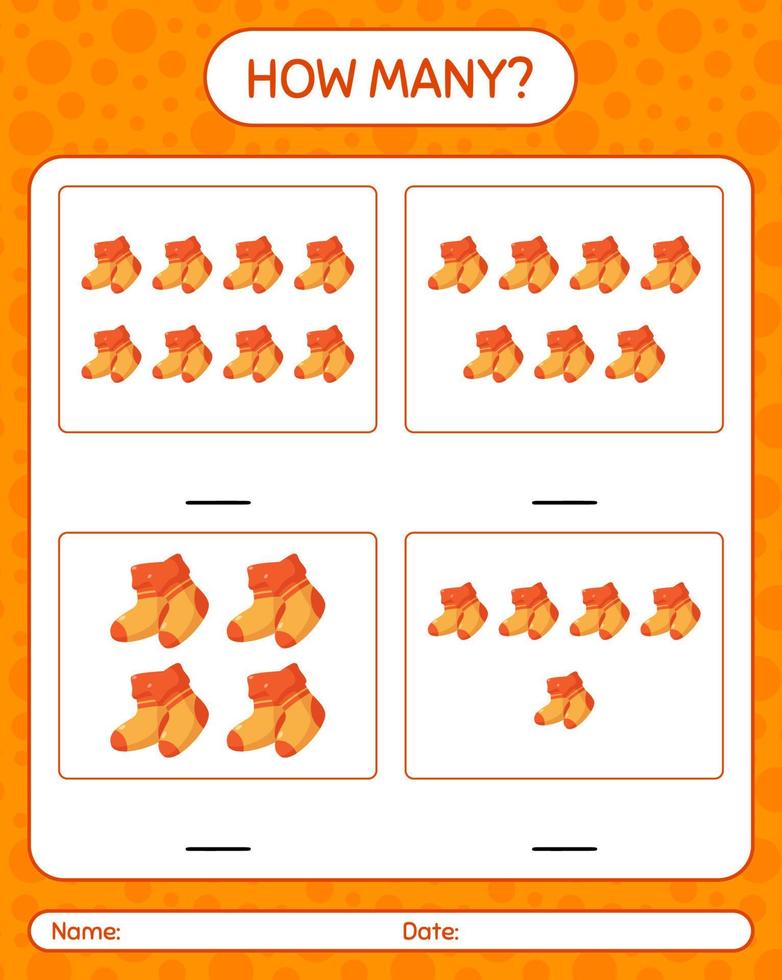 How many counting game with sock. worksheet for preschool kids, kids activity sheet vector