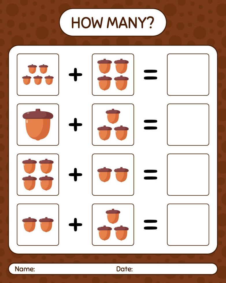 How many counting game with acorn. worksheet for preschool kids, kids activity sheet vector