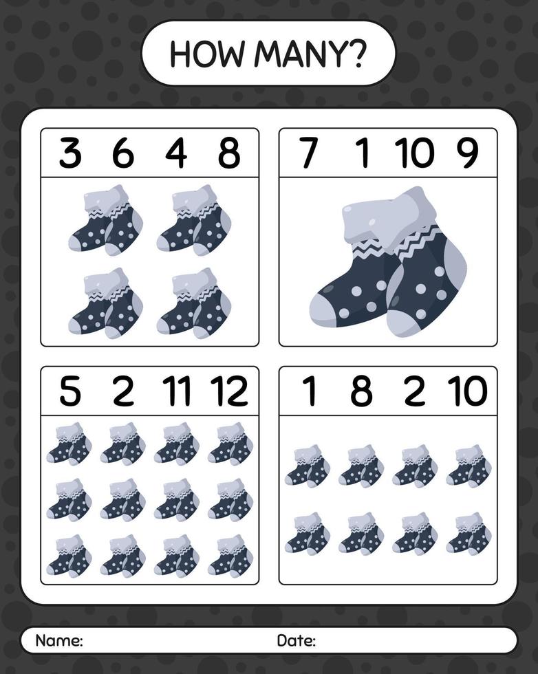 How many counting game with sock. worksheet for preschool kids, kids activity sheet vector