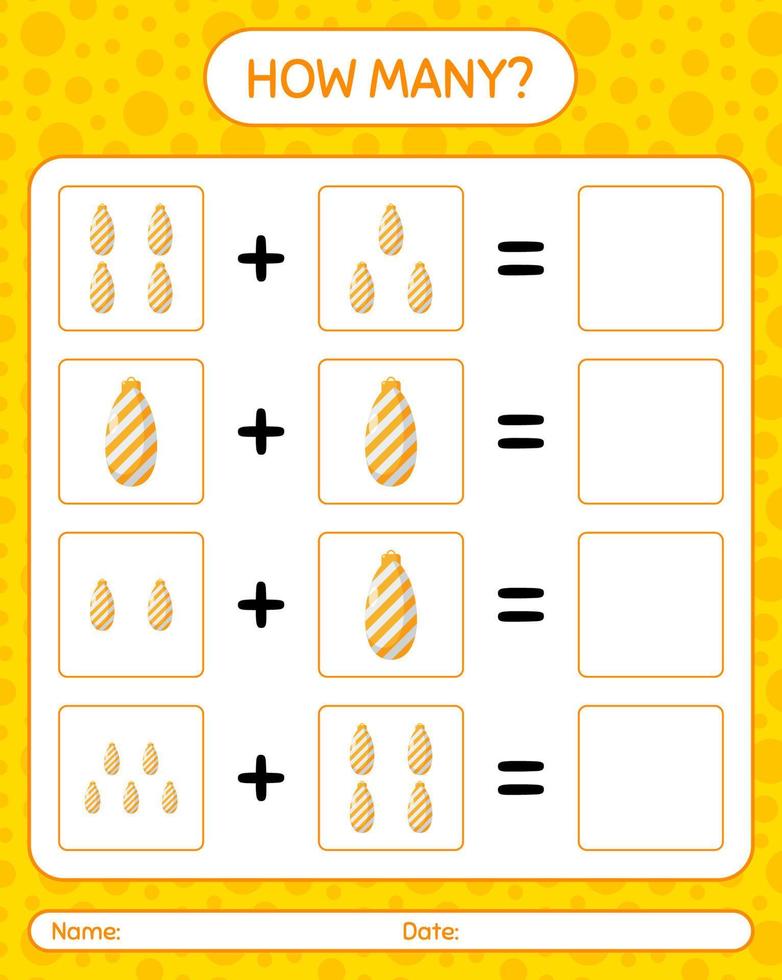 How many counting game with christmas ornament. worksheet for preschool kids, kids activity sheet vector