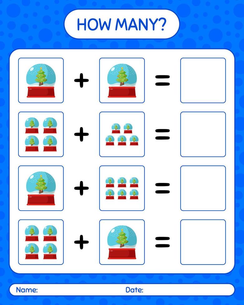 cuántos juegos de conteo con bola de nieve de cristal. hoja de trabajo para niños en edad preescolar, hoja de actividades para niños vector