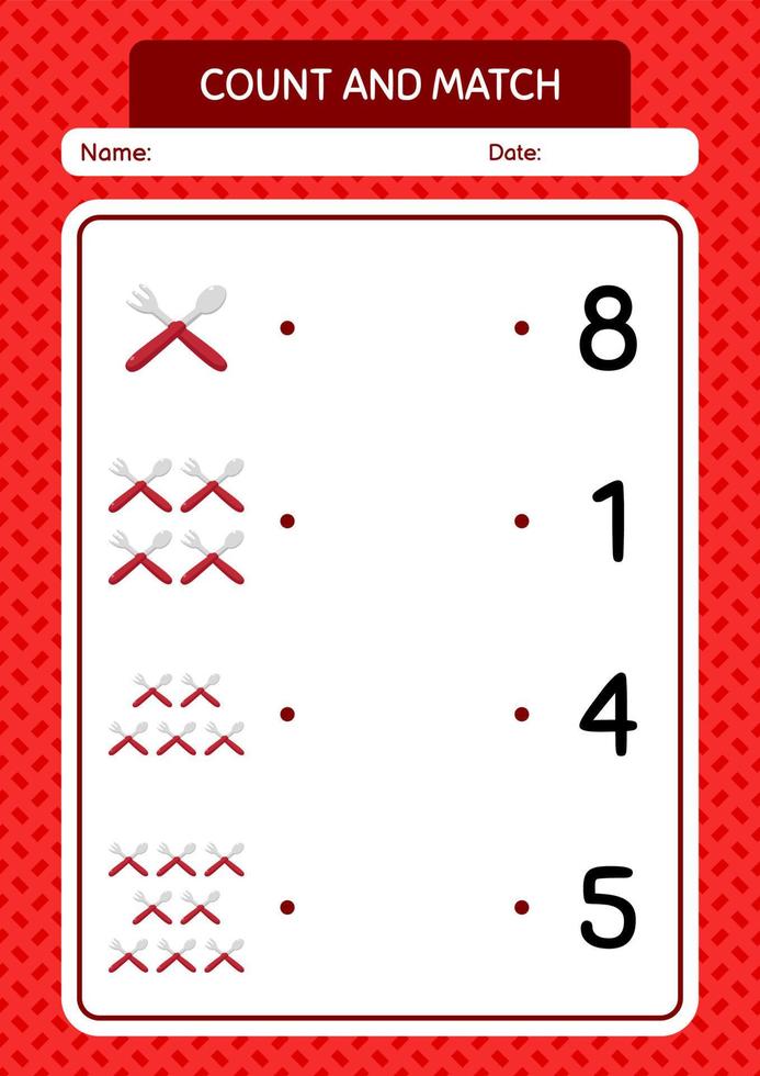 Count and match game with spoon and fork. worksheet for preschool kids, kids activity sheet vector