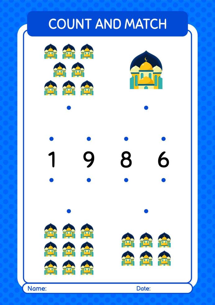 Count and match game with mosque. worksheet for preschool kids, kids activity sheet vector