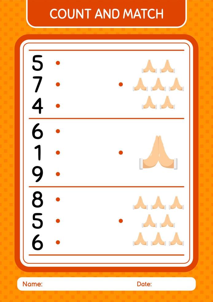 Count and match game with praying. worksheet for preschool kids, kids activity sheet vector