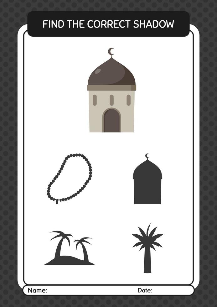 Find the correct shadows game with mosque. worksheet for preschool kids, kids activity sheet vector