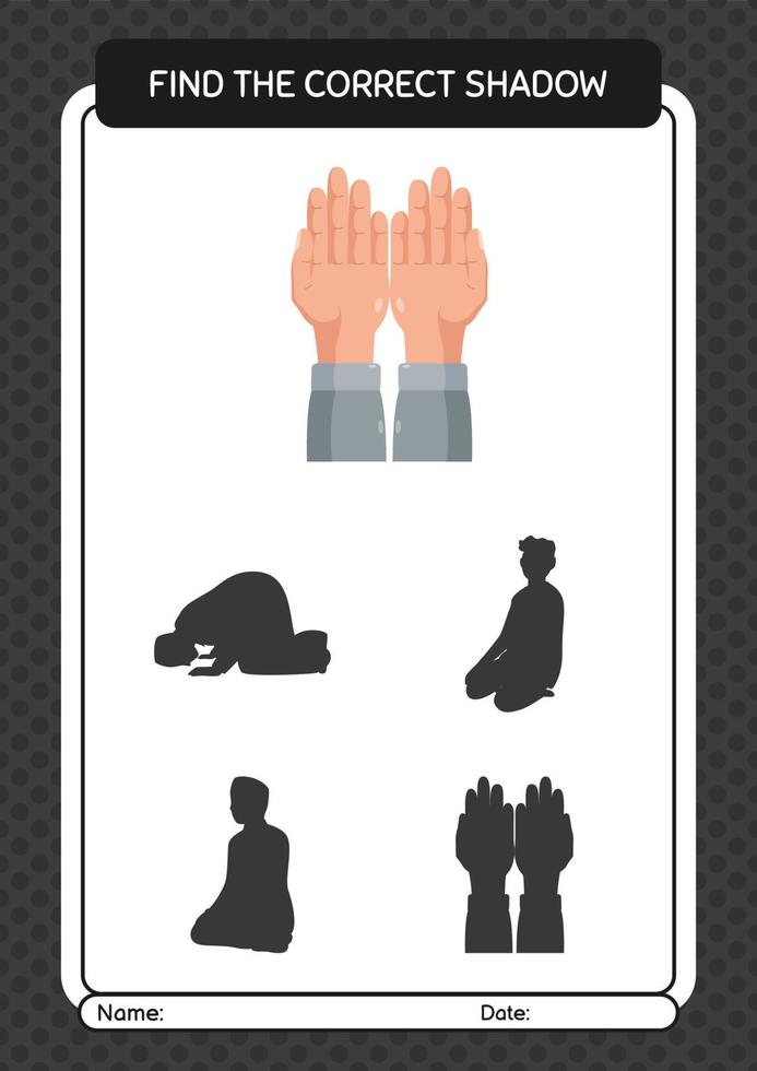 Find the correct shadows game with praying. worksheet for preschool kids, kids activity sheet vector
