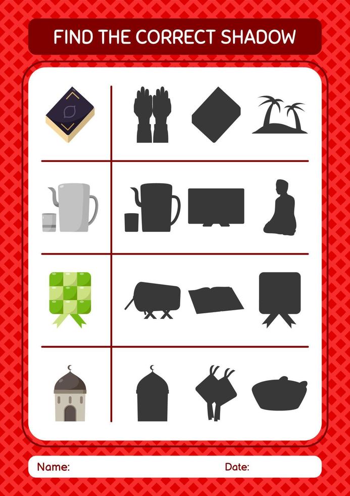 Find the correct shadows game with ramadan icon. worksheet for preschool kids, kids activity sheet vector