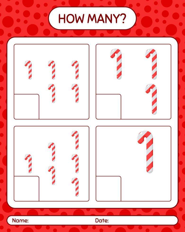 How many counting game with candy cane. worksheet for preschool kids, kids activity sheet vector