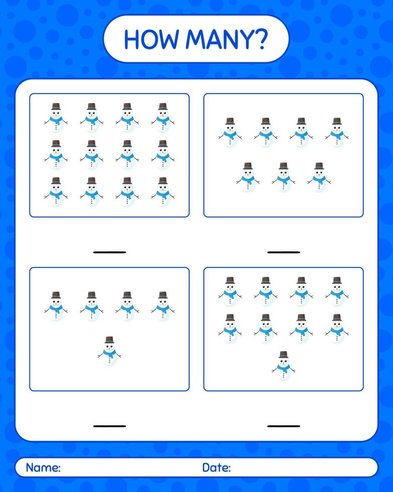 How many counting game with snowman. worksheet for preschool kids, kids activity sheet vector